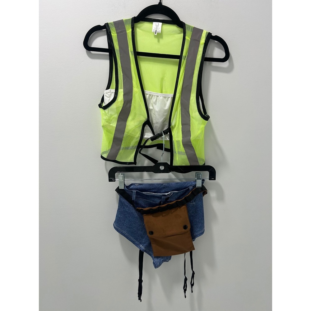 Fashion Nova Women Construction Worker Costume Neon Vest Denim Shorts Pouch Set
